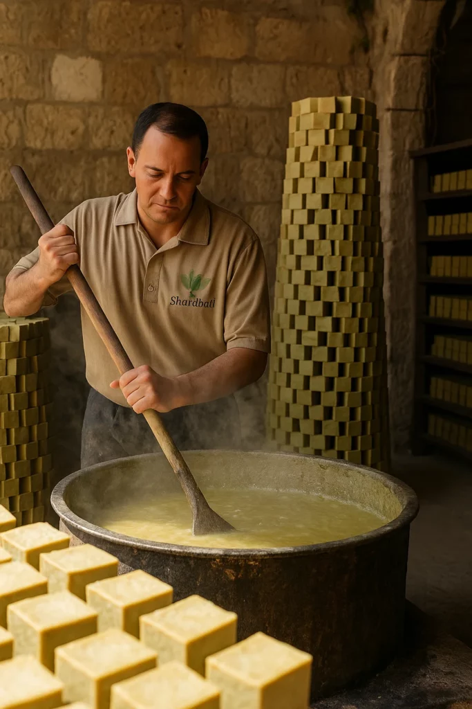 Olivenöl wird traditionell in Aleppo zur Seifenherstellung erhitzt Traditionelles Kochen von Olivenöl in Aleppo Herstellungsprozess Aleppo Seife